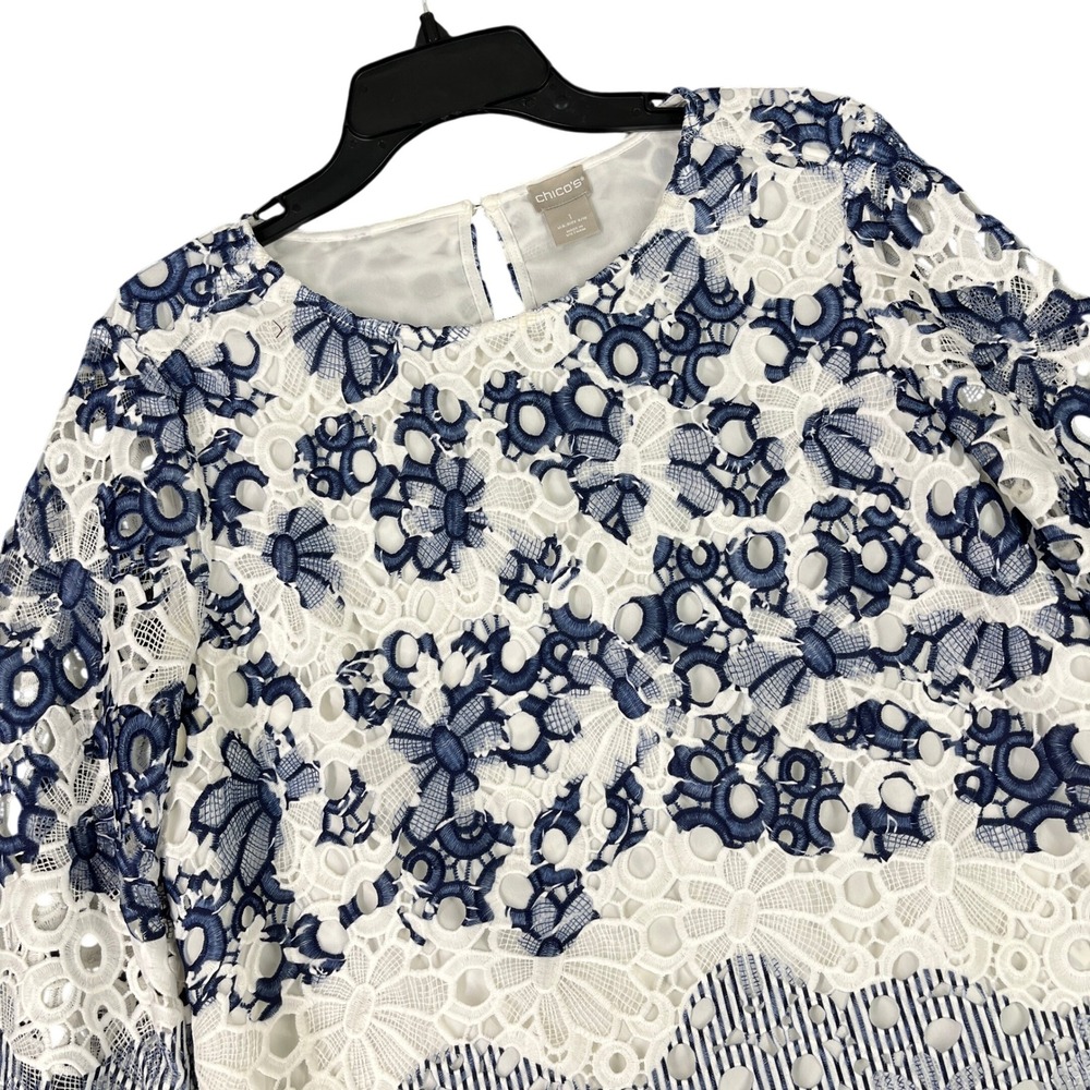 Chicos Floral Lace Blouse Womens 10 Lined Bell Sleeve Scalloped Hem Dressy Top